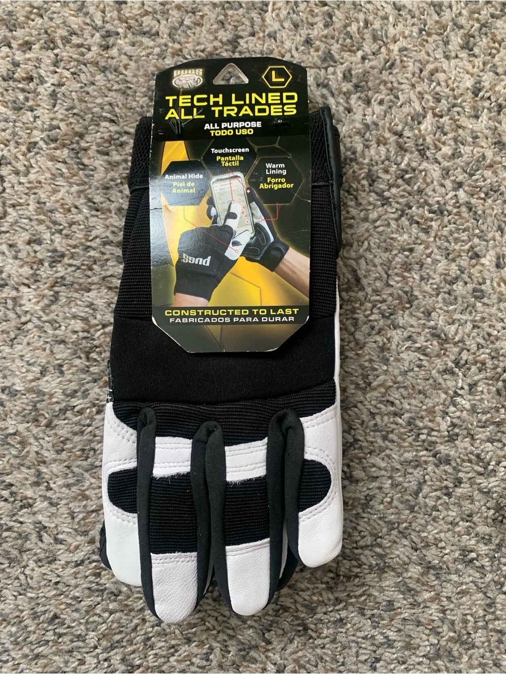 Pugs Tech Lined All Trades Touchscreen Work Gloves - Black & White size L